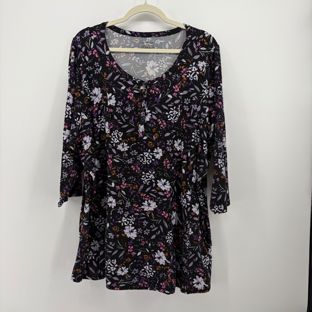 Lane Bryant Womens 22/24 Black Floral Henley Tunic 3/4 Sleeve Knit Top